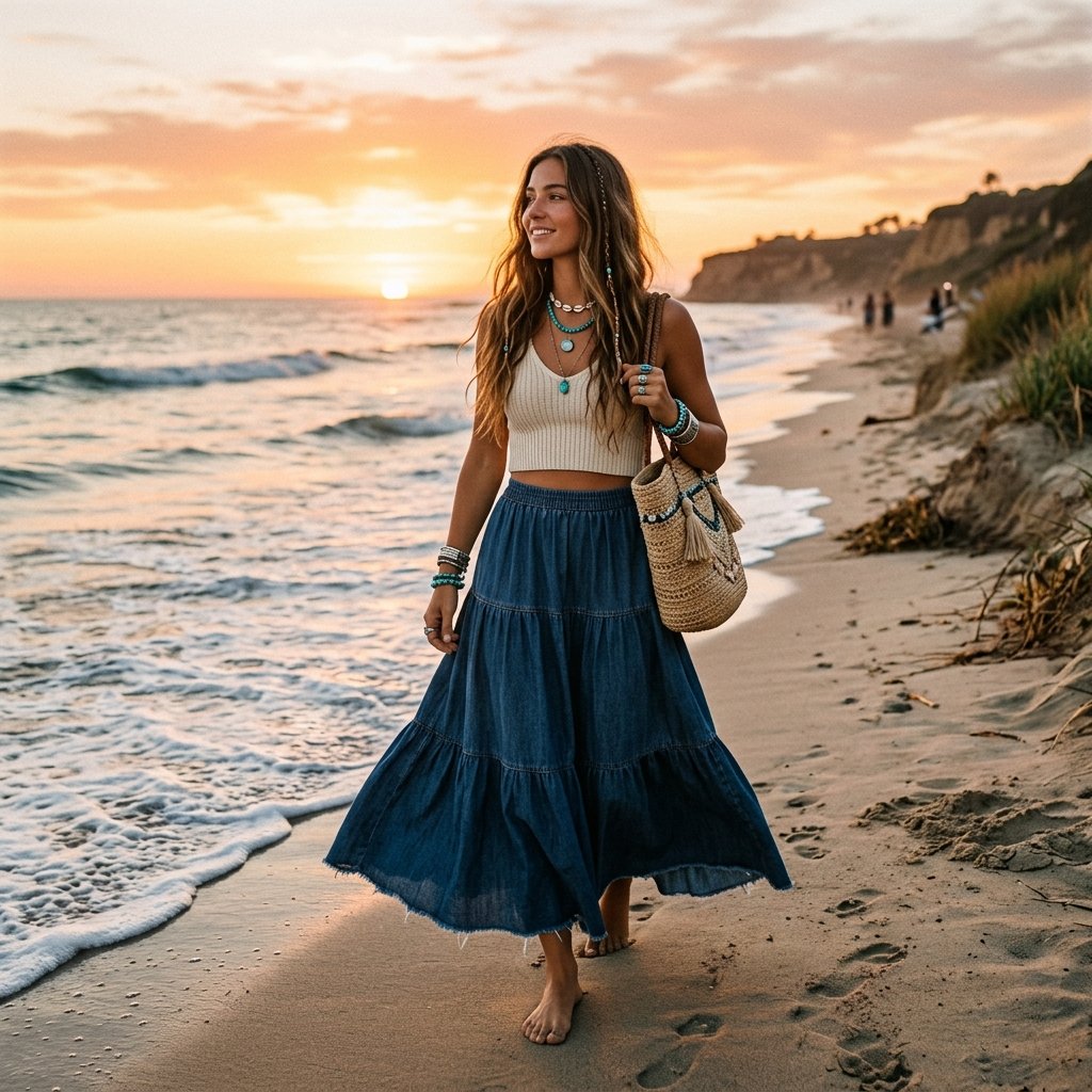 Maxi Denim Skirt Outfit Ideas