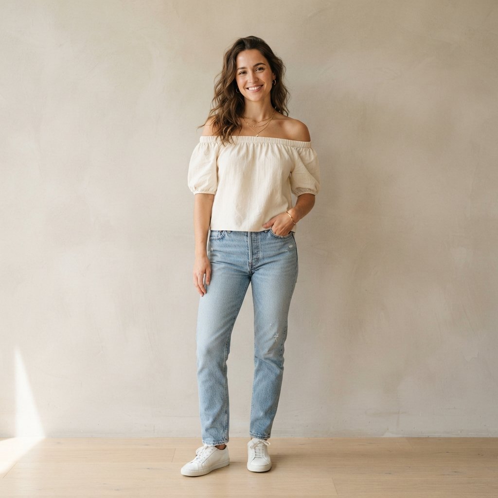 Light Blue Jeans and Off Shoulder Top Outfit Ideas