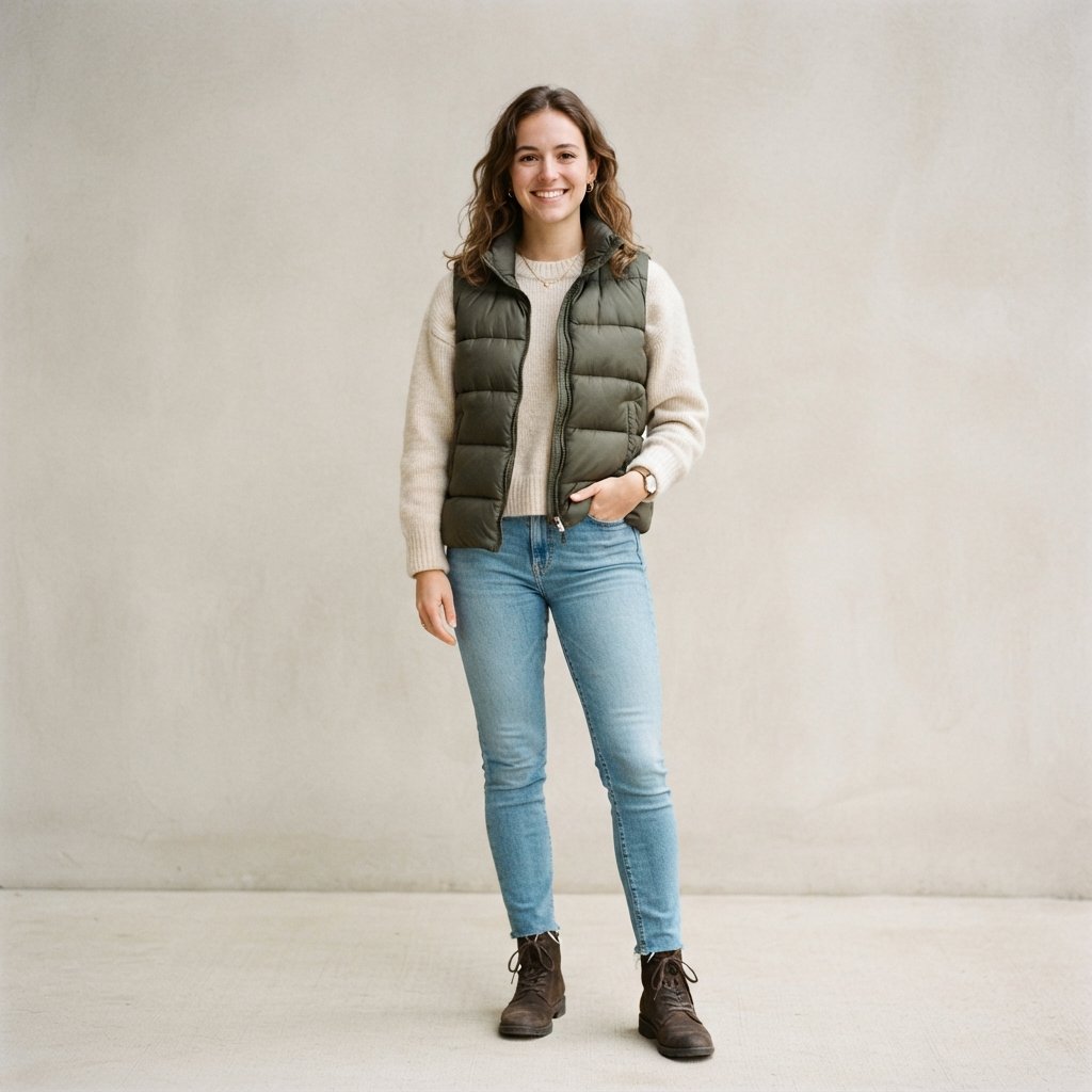 Puffer Vest Outfits with Light Blue Jeans