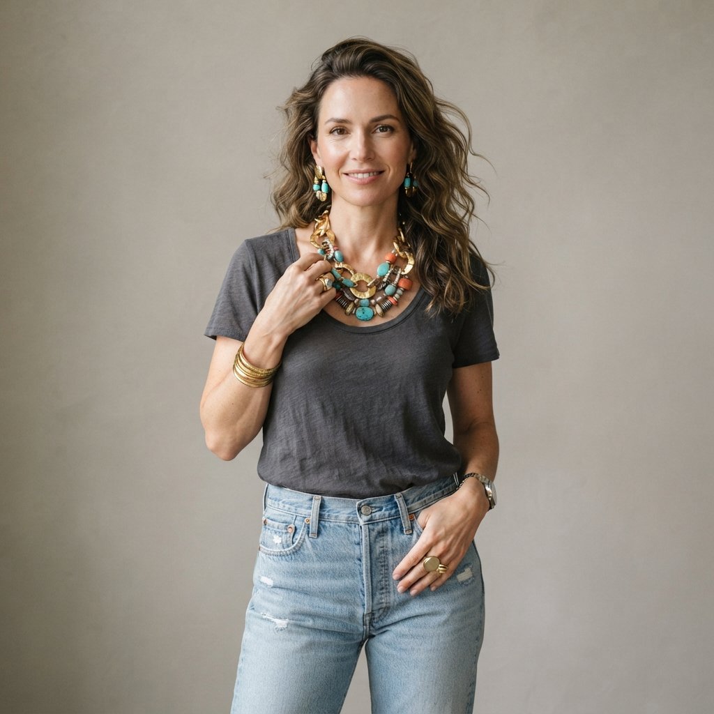 Light Blue Jeans and Statement Jewelry Outfit Ideas
