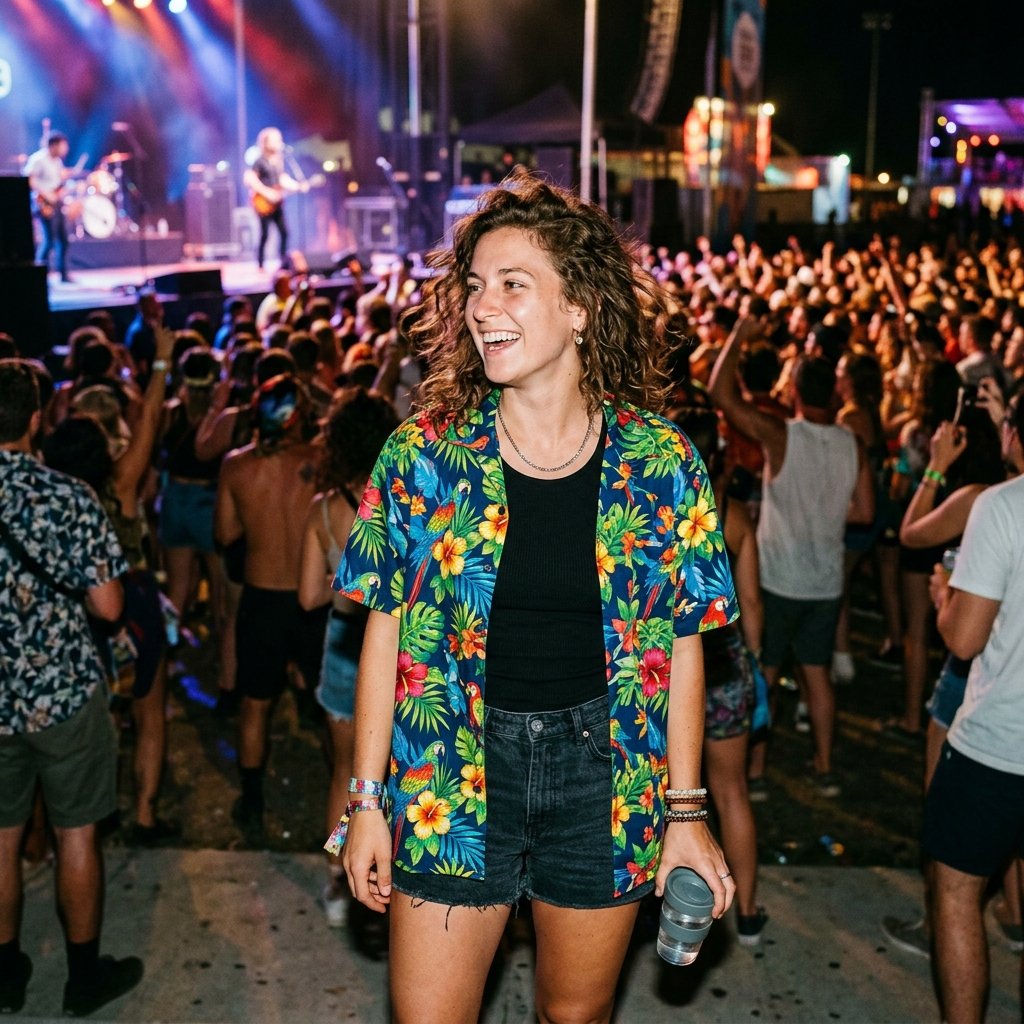 33 Bad Bunny Concert Outfit Ideas: A Complete Style Guide 14 Bold Print Button Up Idea