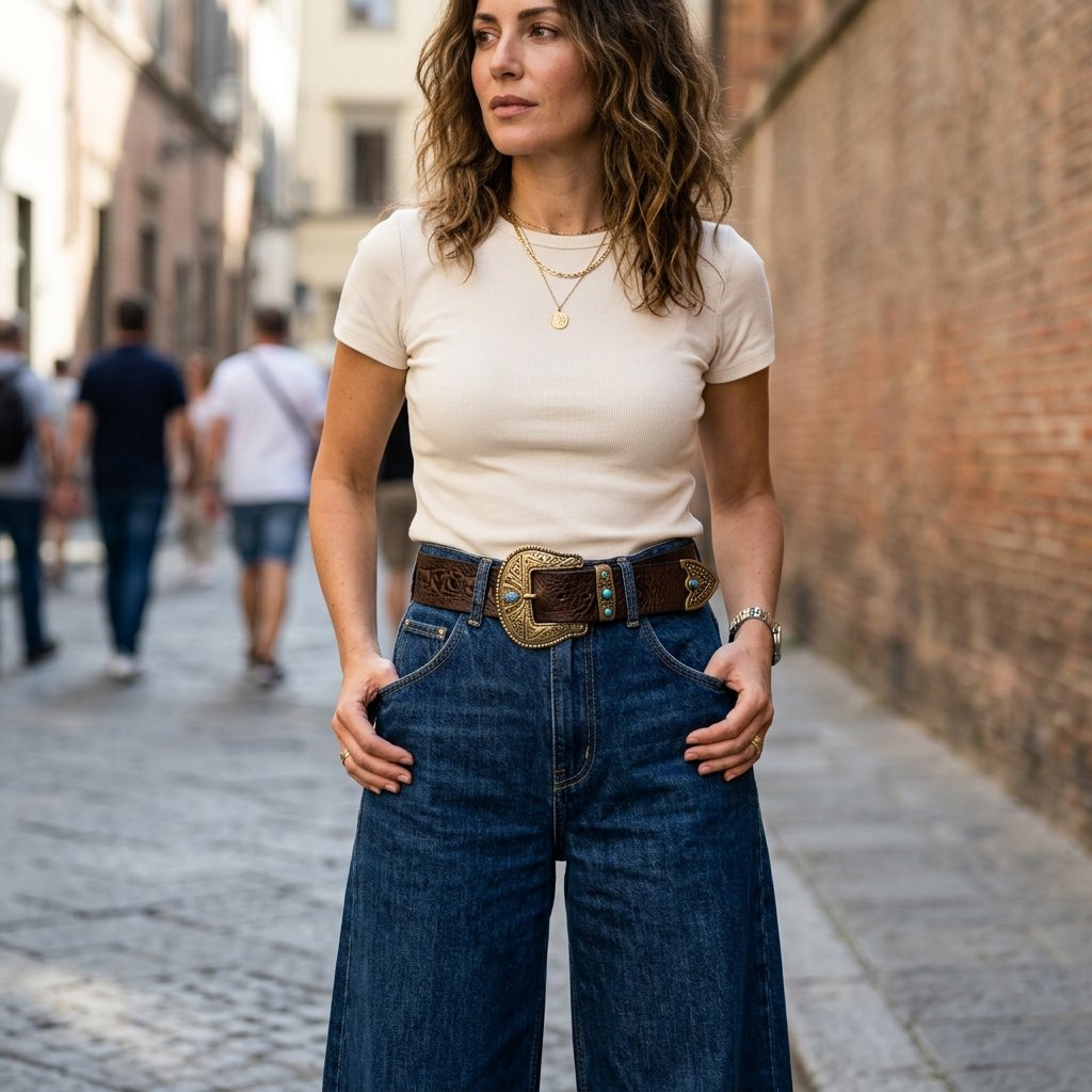 Wide Leg Jeans and Statement Belt Idea