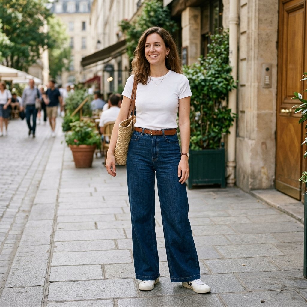 Wide Leg Jeans and Fitted Tee Idea