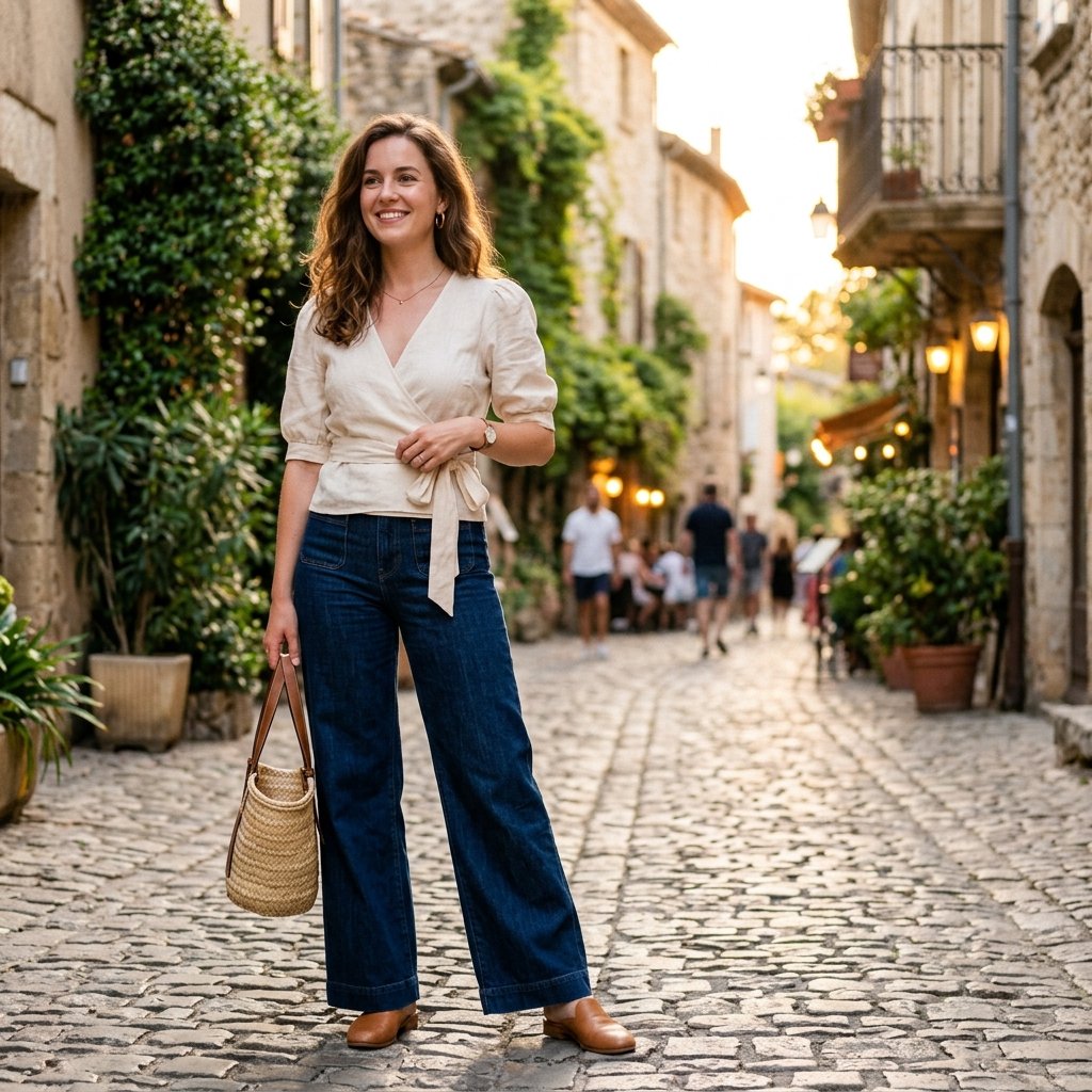 Wide Leg Jeans and Wrap Top Idea