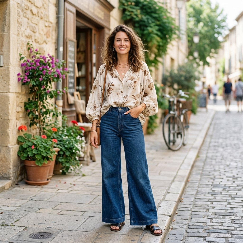 Wide Leg Jeans and Blouse Idea