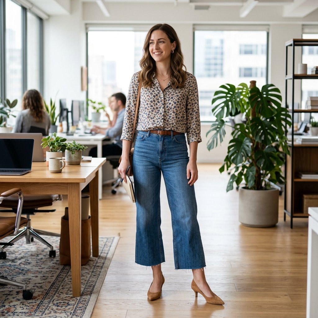 Kitten Heels and Wide Leg Jeans Outfits Idea