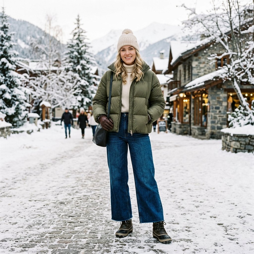 Puffer Jacket and Wide Leg Jeans Outfits Idea