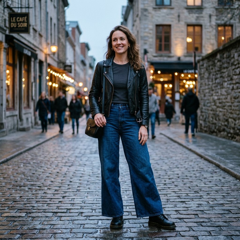 Leather Jacket and Wide Leg Jeans Outfits Idea