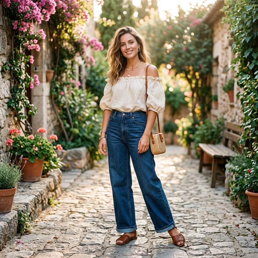 Off Shoulder and Wide Leg Jeans Outfits Top Idea
