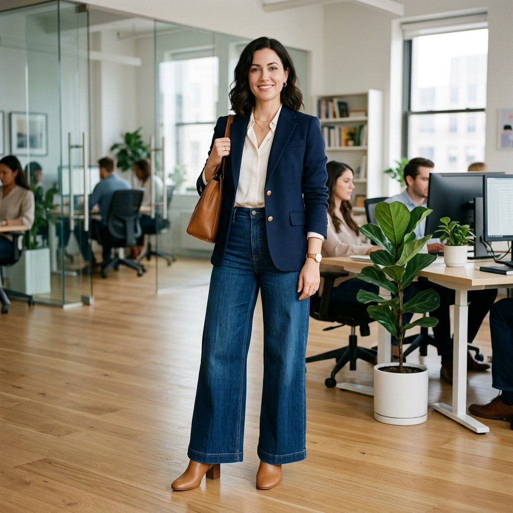 Business Casual and Wide Leg Jeans Outfits Idea