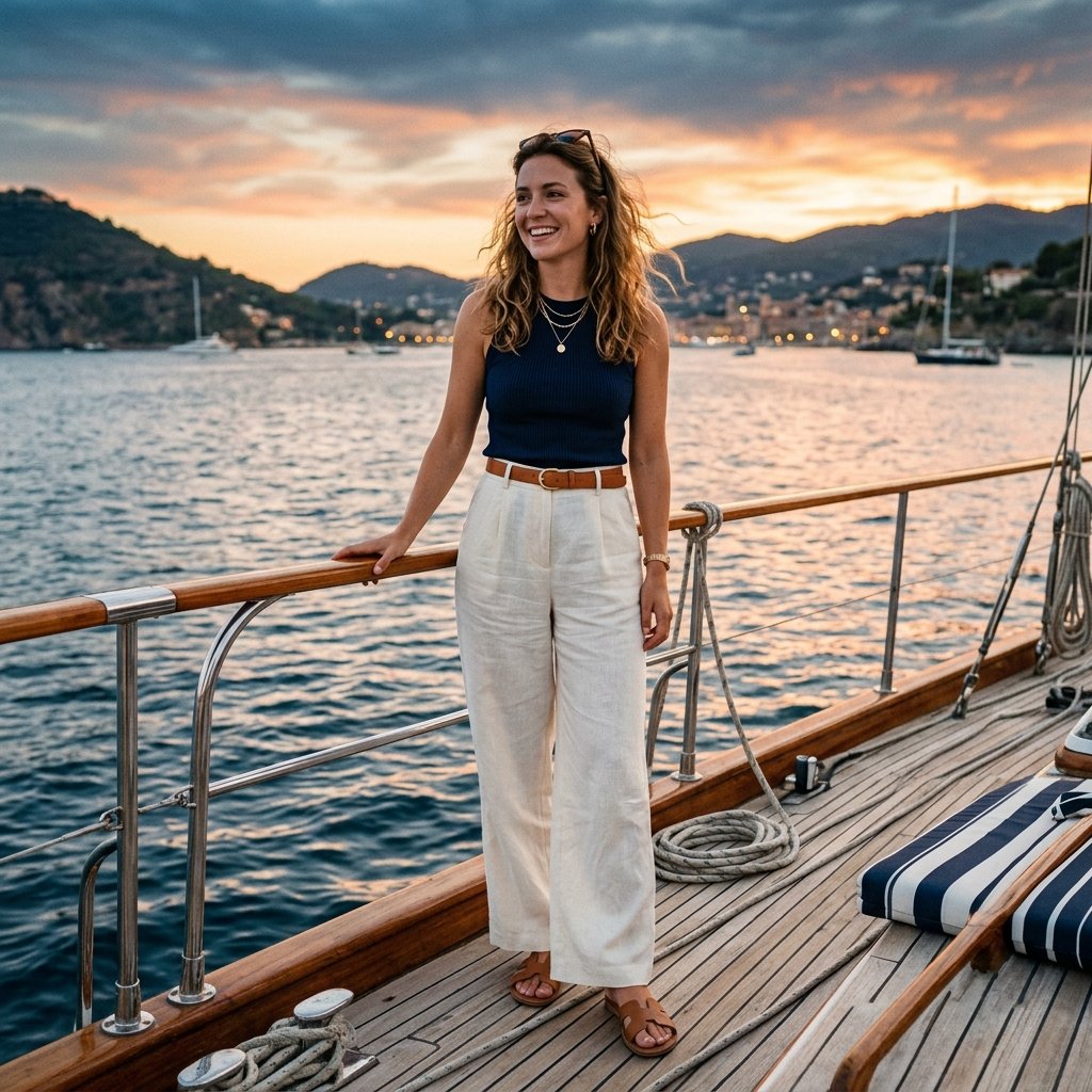 Boat Outfit with Wide Leg Pants Idea